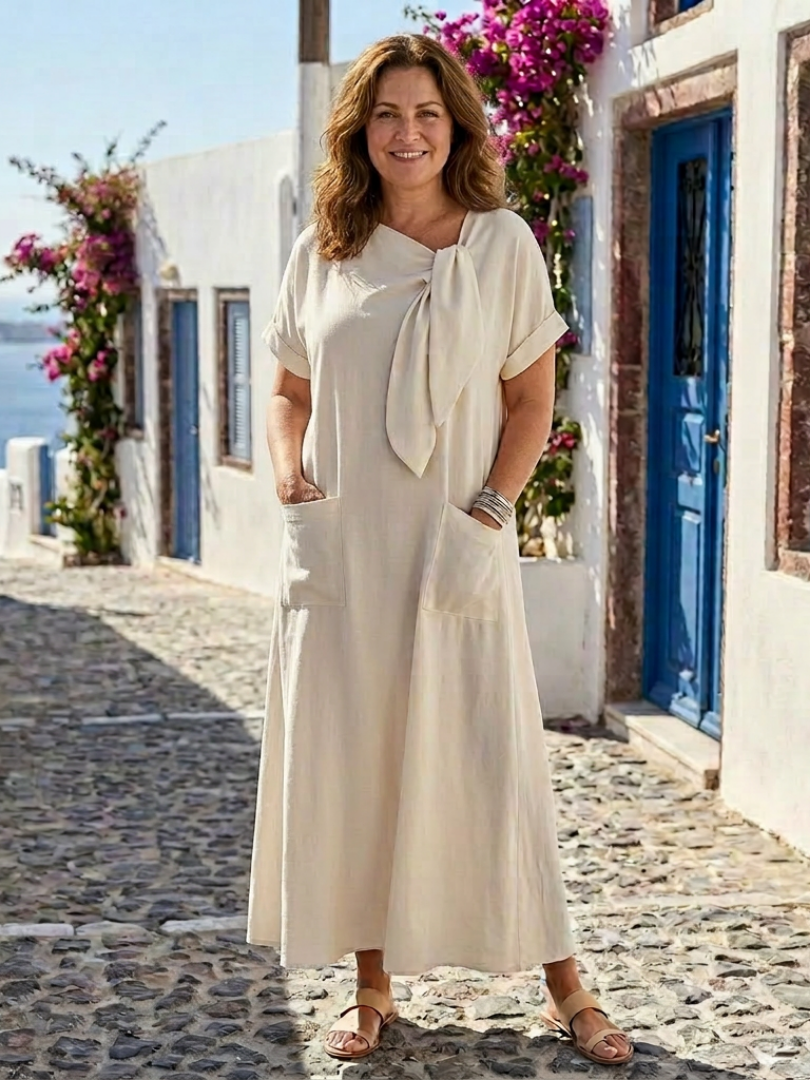 Elowyn | Damen Rundhals Maxikleid Kurze Ärmel – Casual Maxi Kurzarm