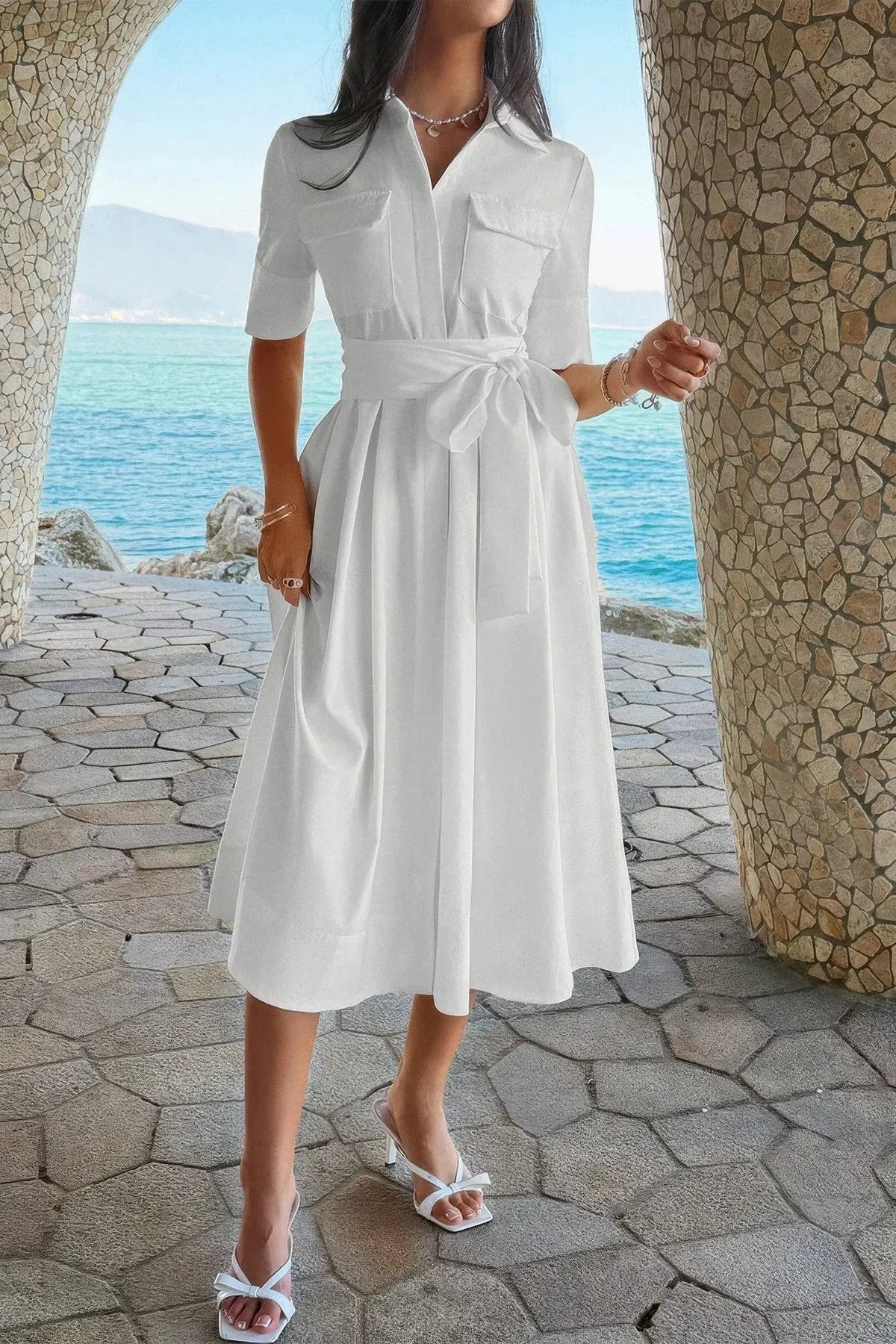Damen A Linie Kleid mit Taschen und Umlegekragen