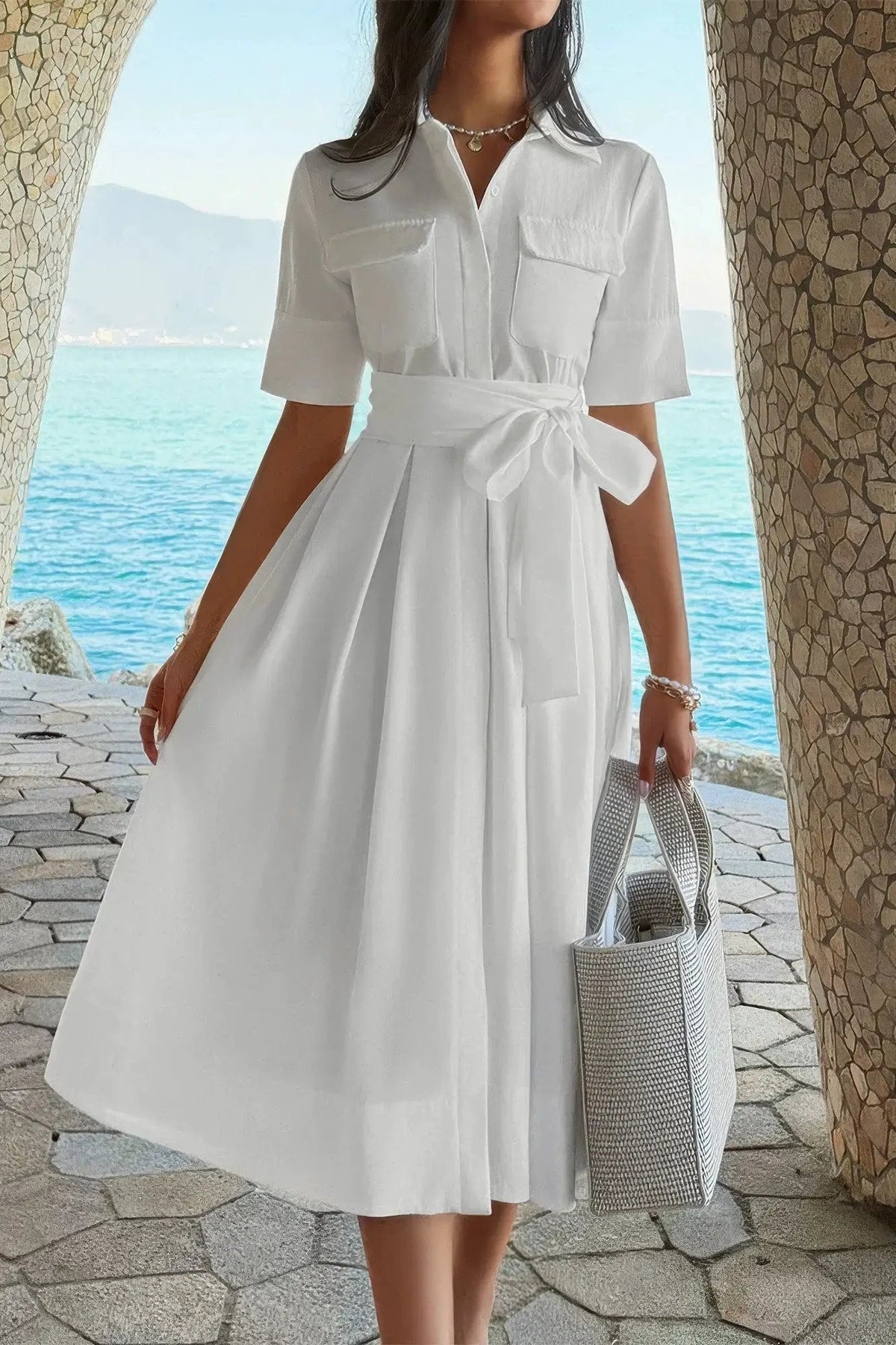 Damen A Linie Kleid mit Taschen und Umlegekragen
