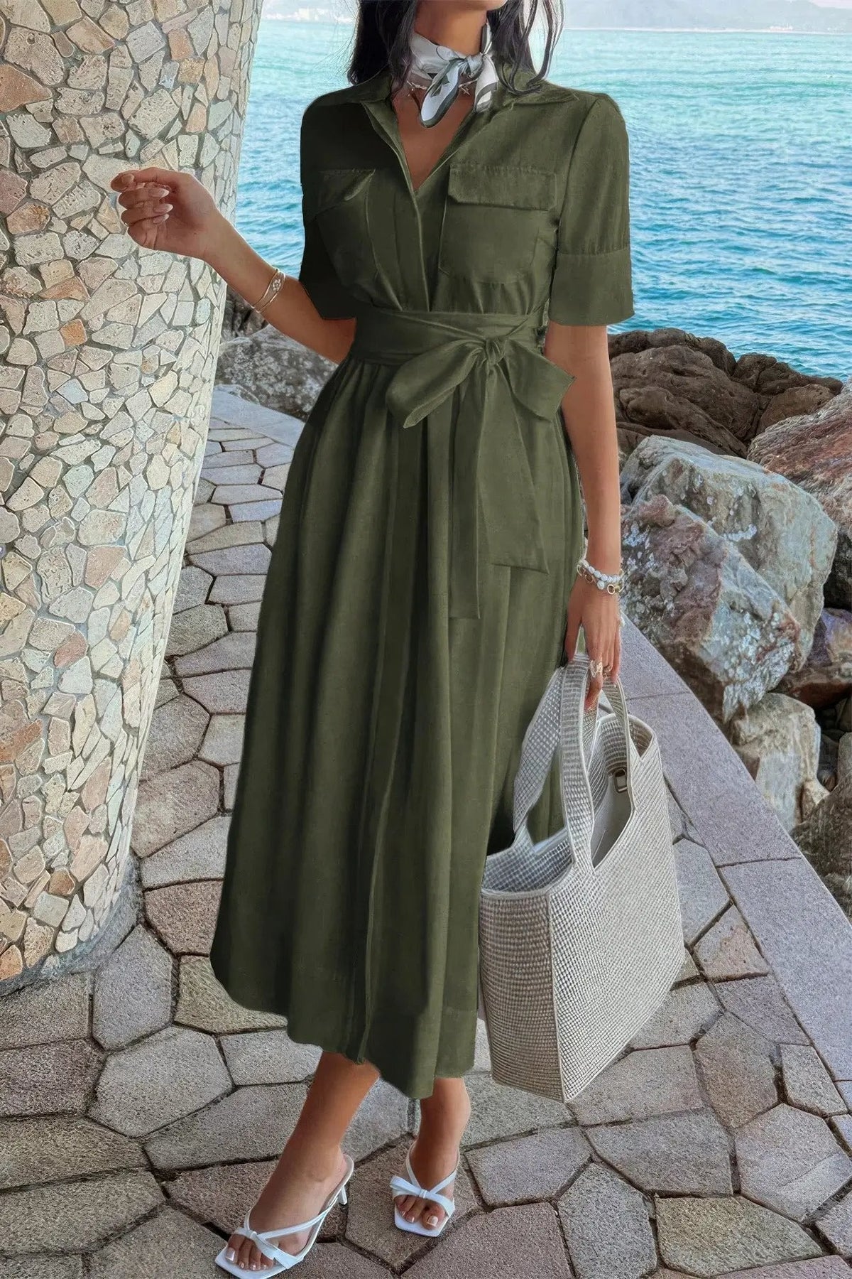 Damen A Linie Kleid mit Taschen und Umlegekragen