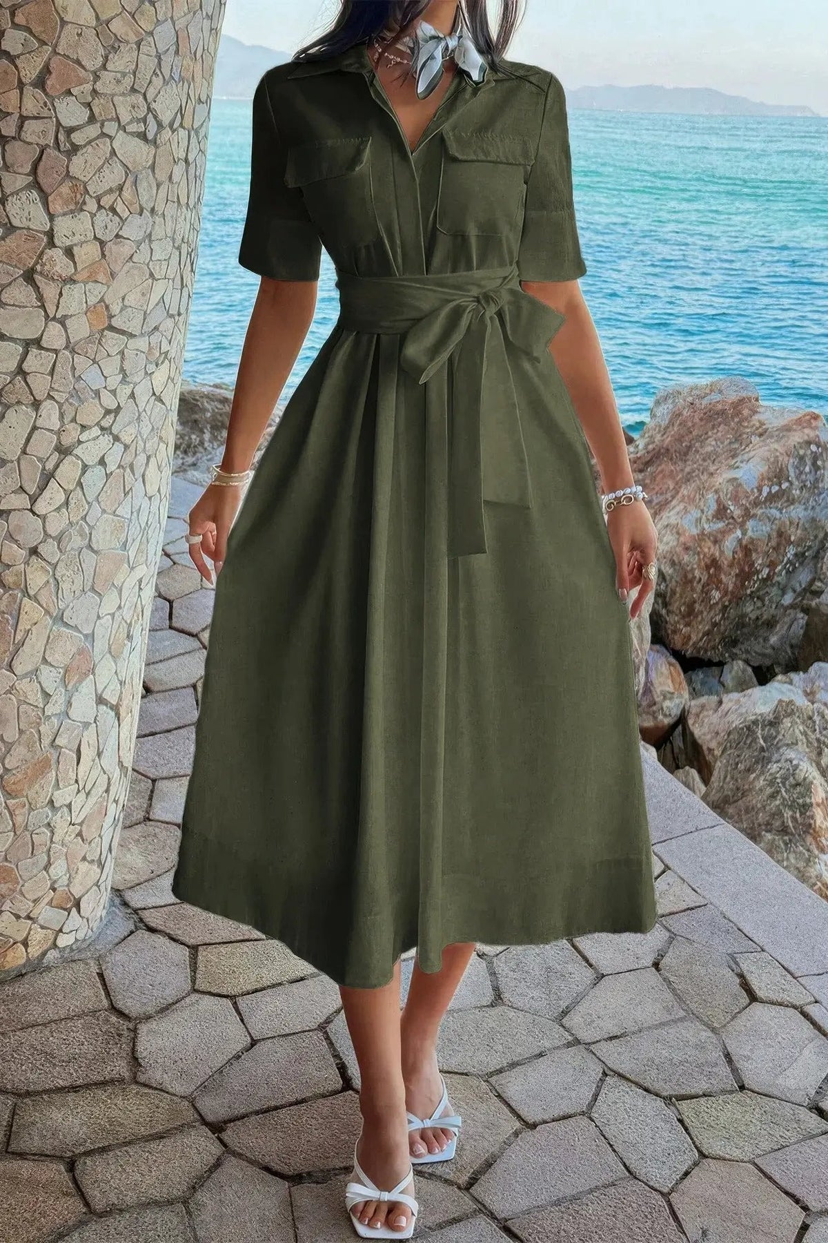 Damen A Linie Kleid mit Taschen und Umlegekragen