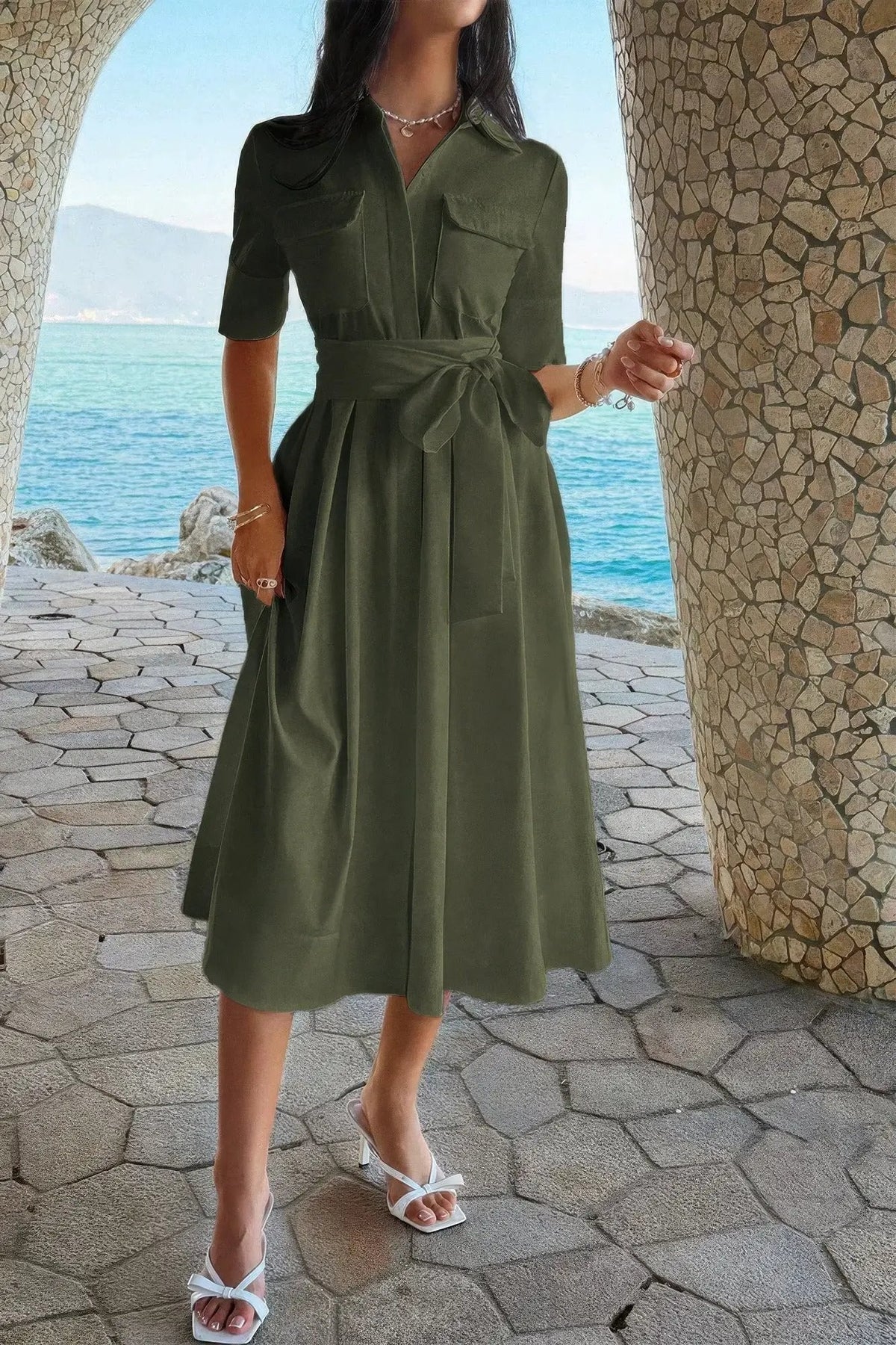 Damen A Linie Kleid mit Taschen und Umlegekragen