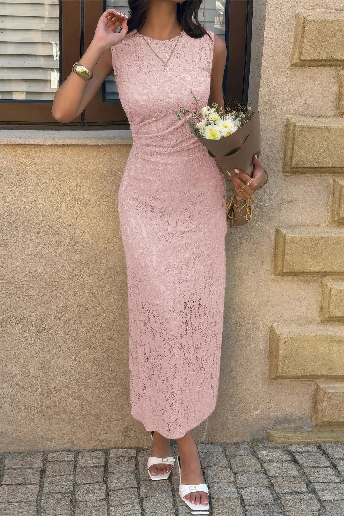 Damen Cocktail Midikleid mit Spitze und Taillenraffung