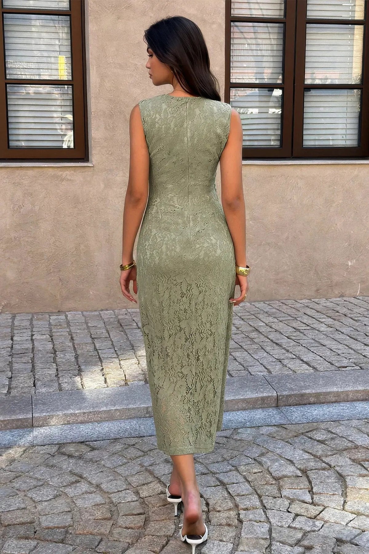 Damen Cocktail Midikleid mit Spitze und Taillenraffung