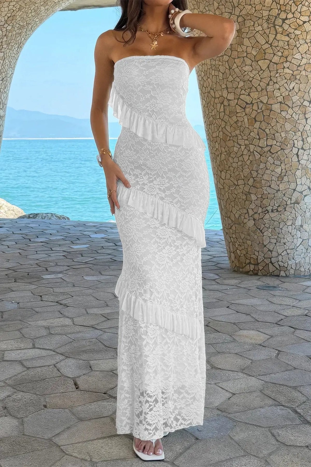 Damen Off Shoulder Bodycon Maxikleid mit Spitze