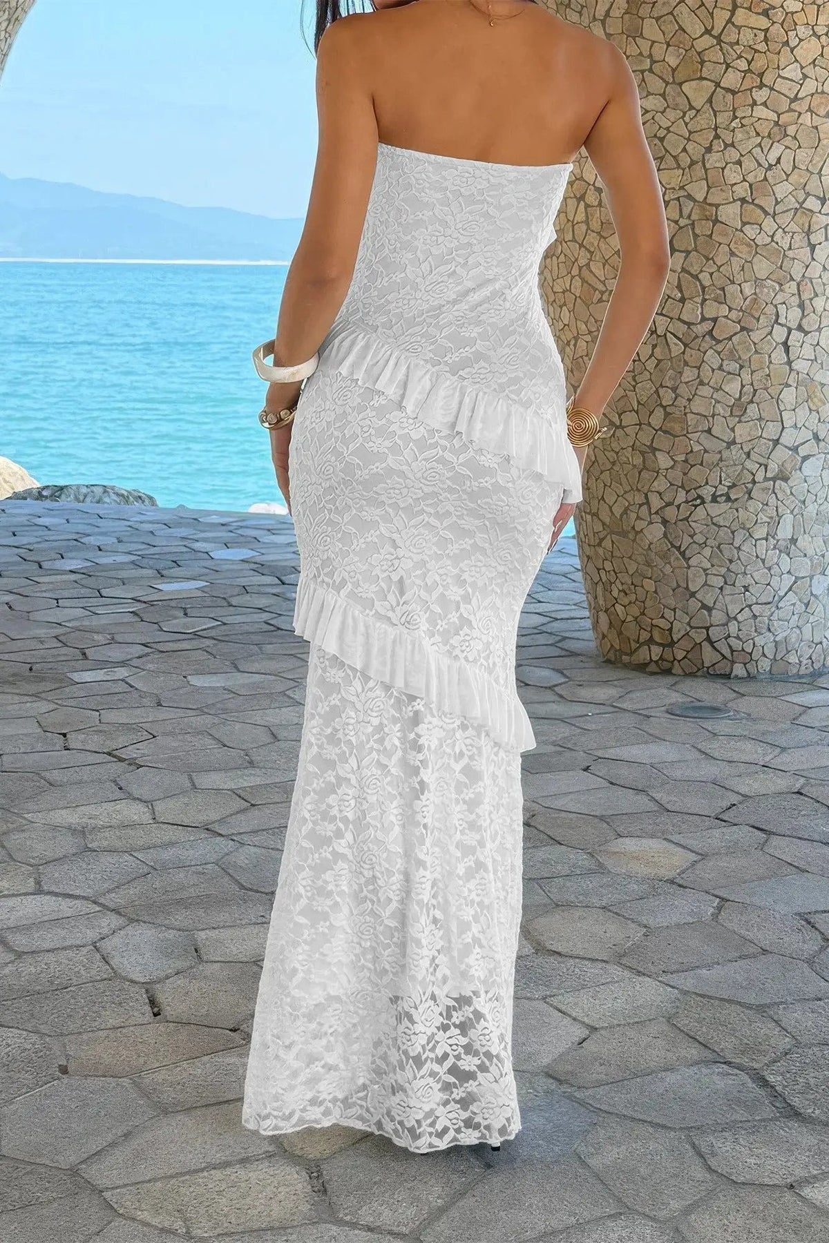 Damen Off Shoulder Bodycon Maxikleid mit Spitze