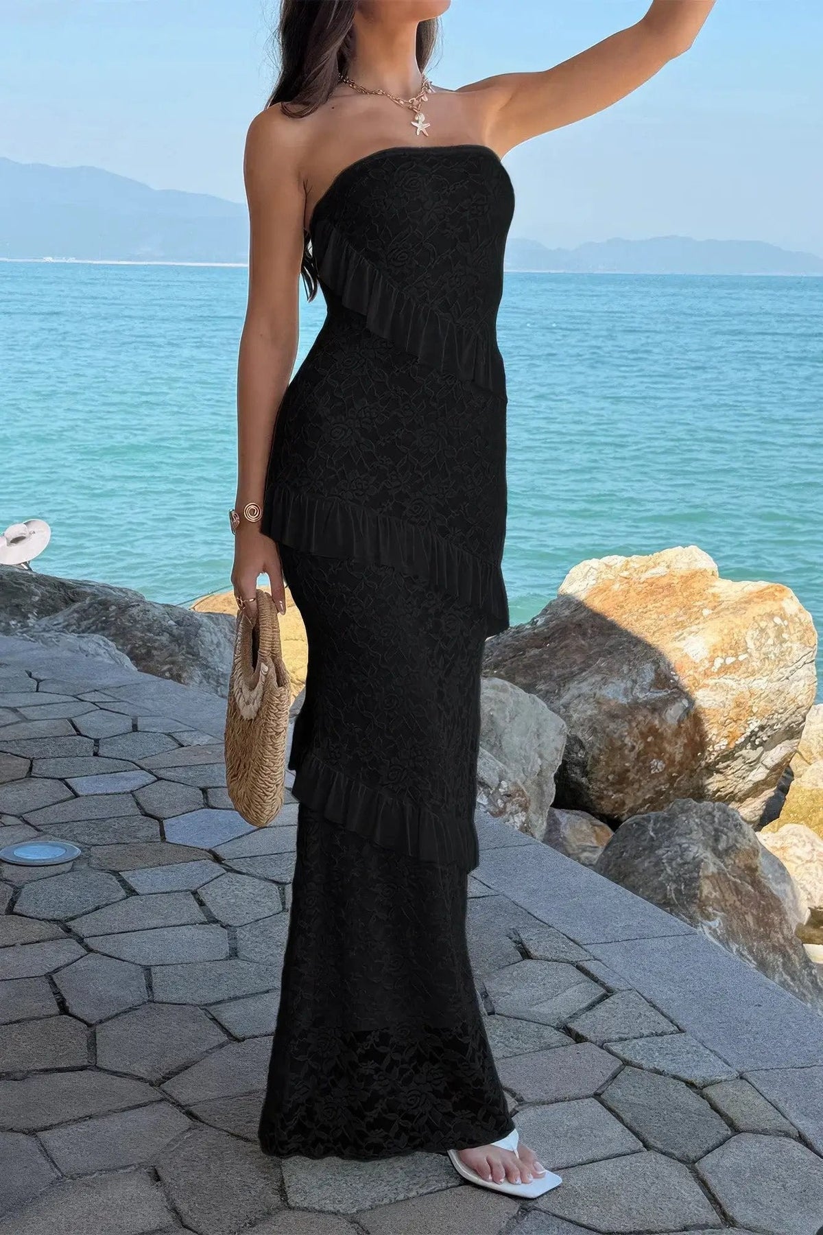 Damen Off Shoulder Bodycon Maxikleid mit Spitze