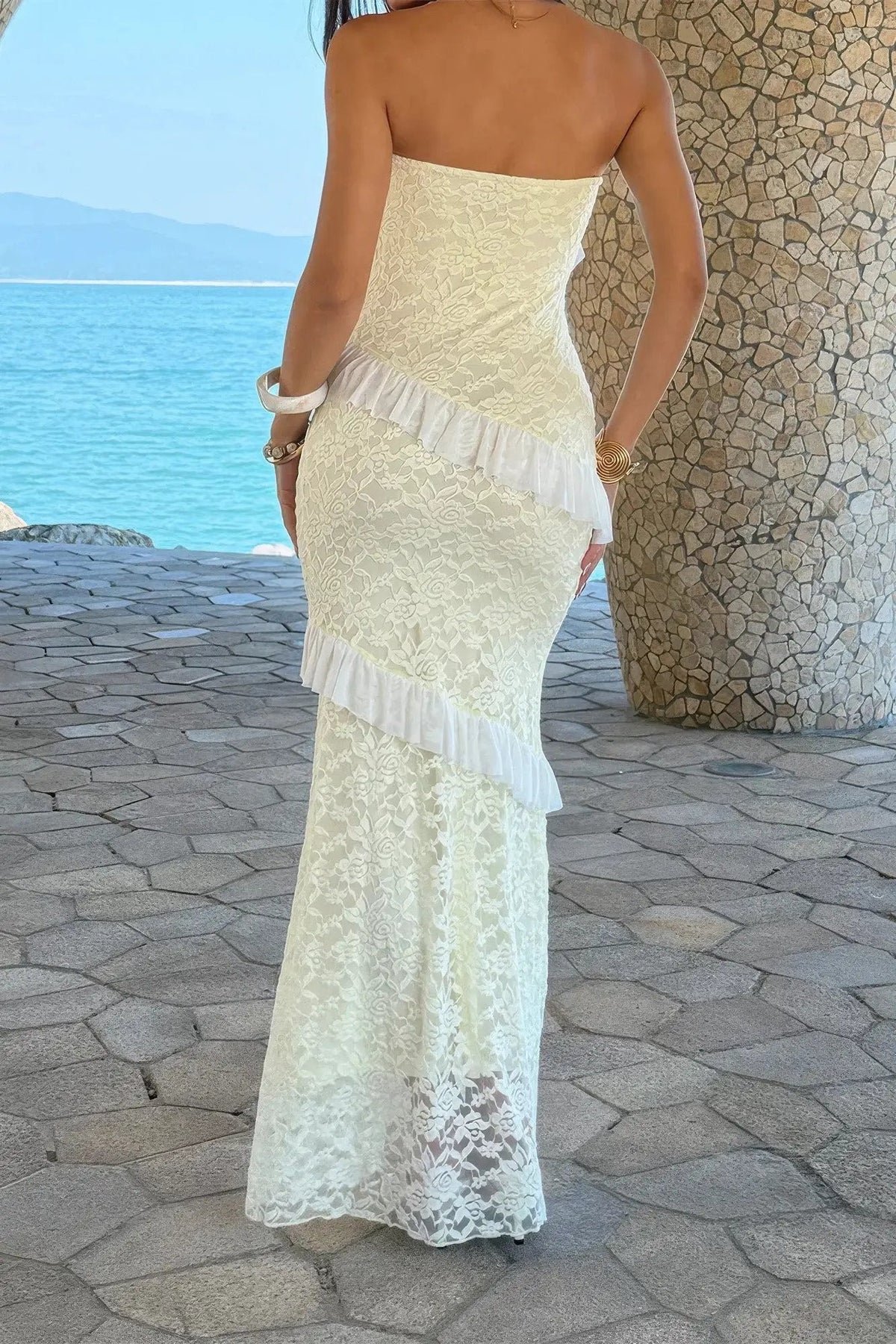 Damen Off Shoulder Bodycon Maxikleid mit Spitze