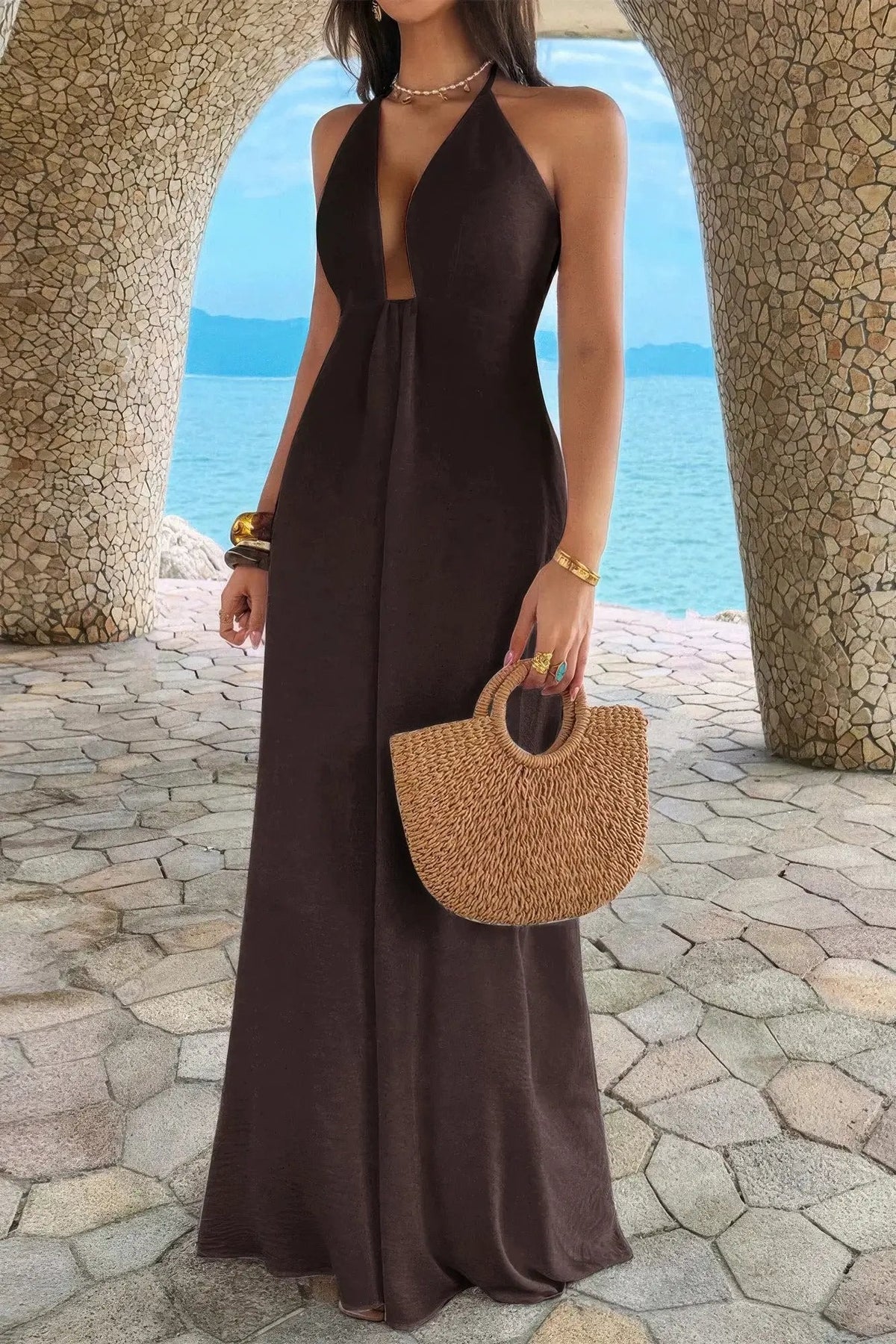 Damen Halter A Linie Maxikleid mit verstecktem Reißverschluss