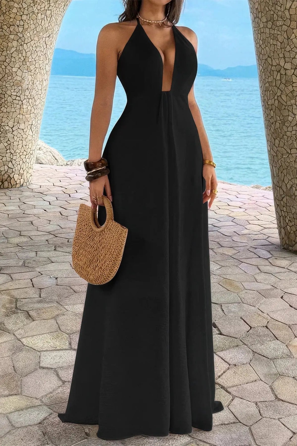 Damen Halter A Linie Maxikleid mit verstecktem Reißverschluss