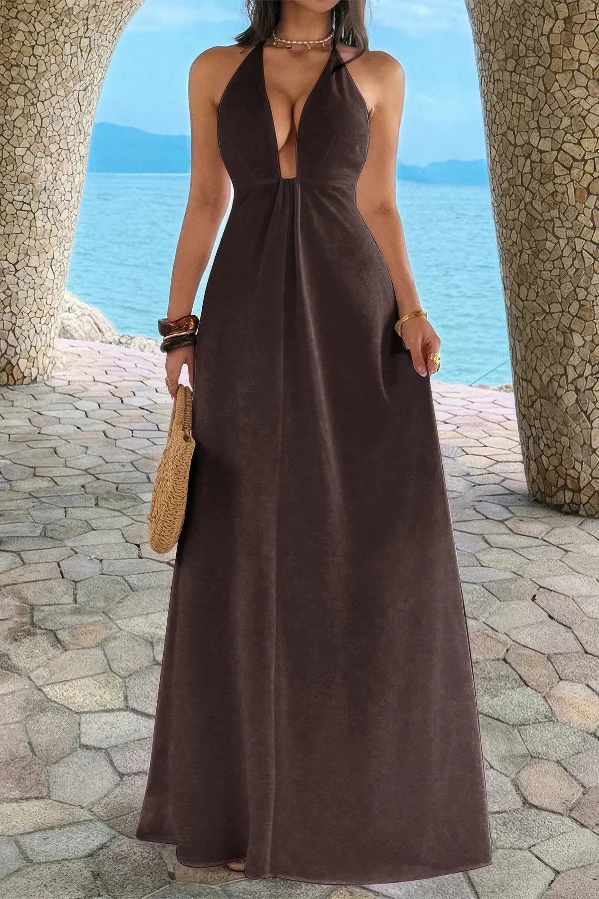 Damen Halter A Linie Maxikleid mit verstecktem Reißverschluss