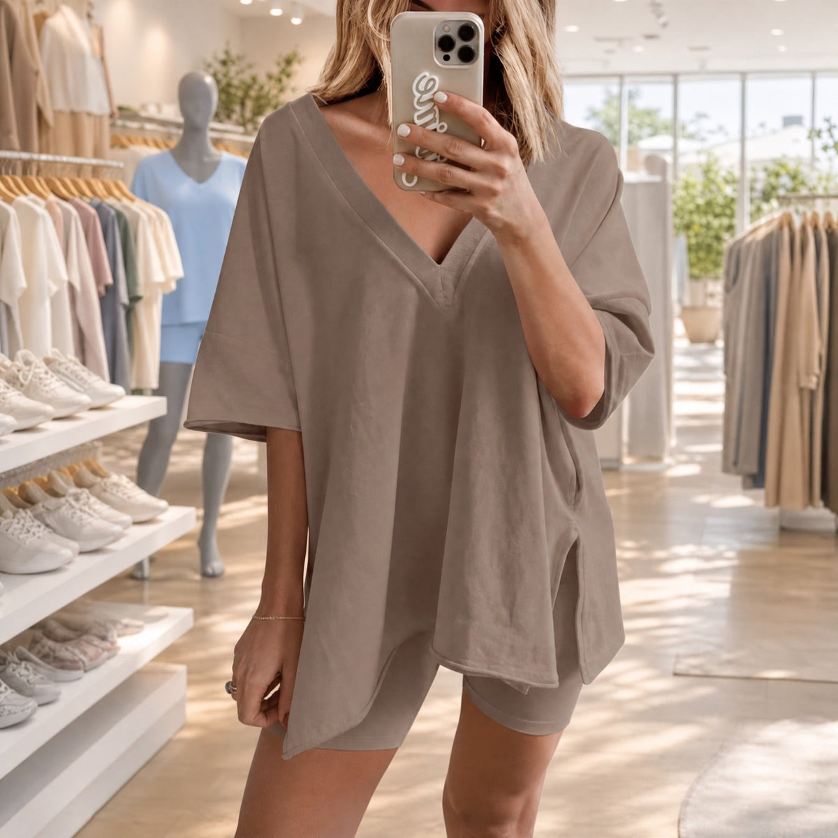 Yelena™ Set Oversize-Bluse mit V-Ausschnitt und minimalistische Shorts