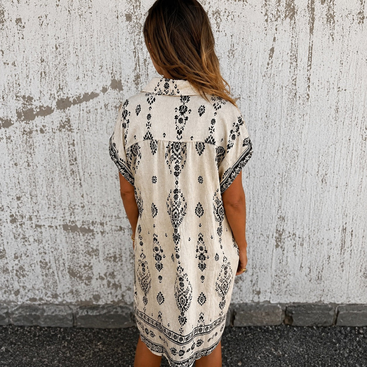 Zahara™ Hemdblusenkleid aus Baumwoll-Leinen mit Boho-Muster