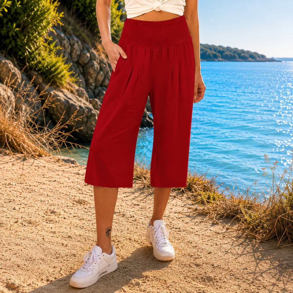 Rosetta™ Culotte aus Baumwoll-Leinen mit Elegantem Kräuselbund