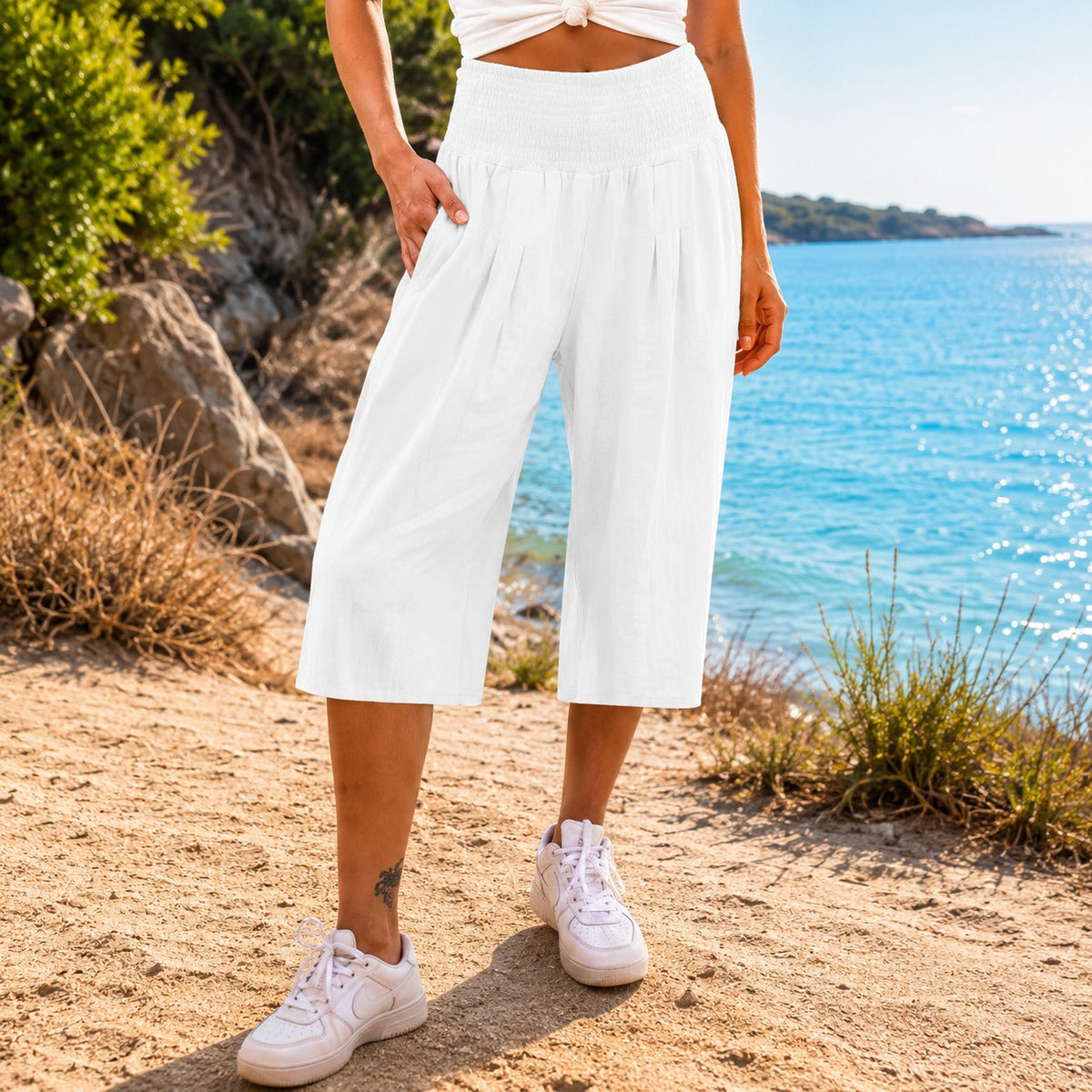 Rosetta™ Culotte aus Baumwoll-Leinen mit Elegantem Kräuselbund