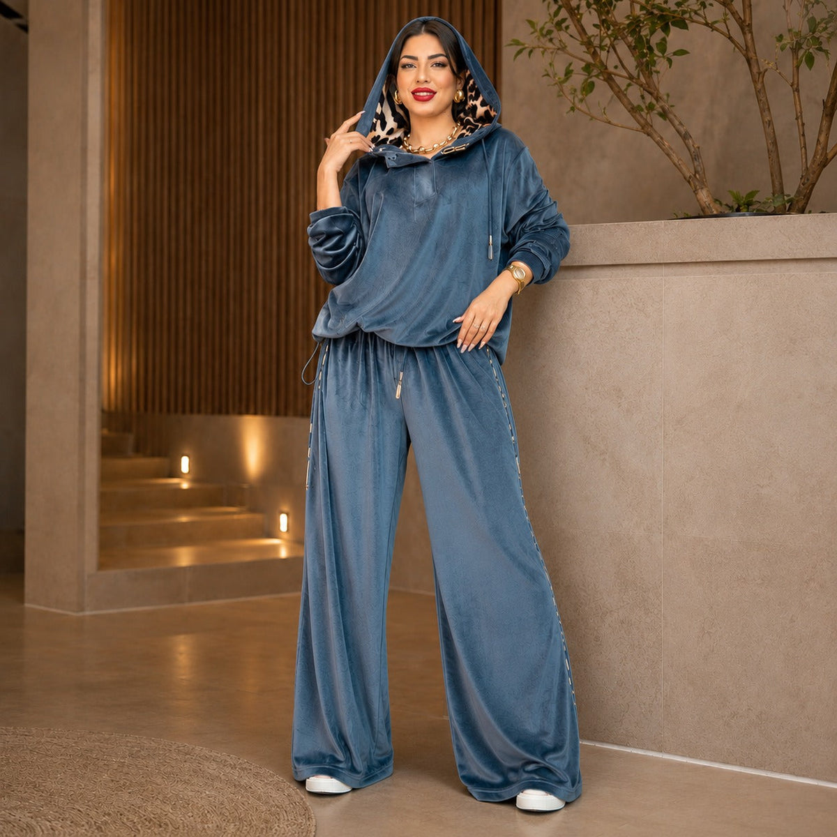Brielle™ Premium-Veloursset mit Animal-Print-Kapuze und Palazzohose