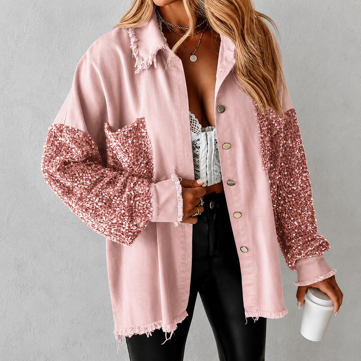Hemdjacke Lene™ mit Paillettenärmeln, Paillettentasche und offenen Kanten