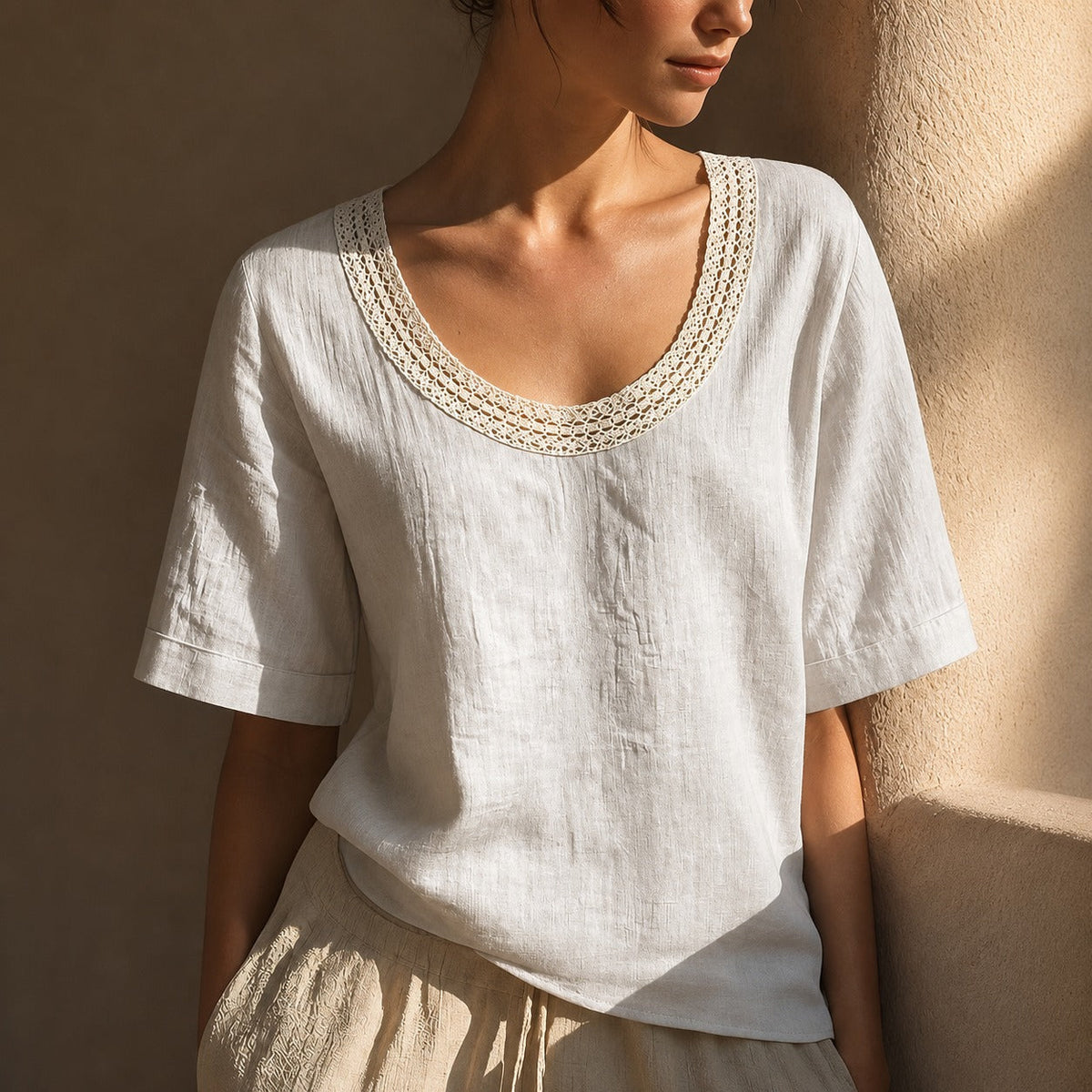 Bluse Alma™ mit Leinen-Baumwoll-Mix und Häkel-Ausschnitt