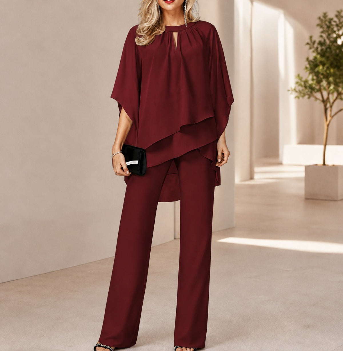 Celienne™ Set mit Chiffonbluse, Mullet-Saum und eleganter Hose mit geradem Schnitt / Ein kompletter Look für besondere Anlässe