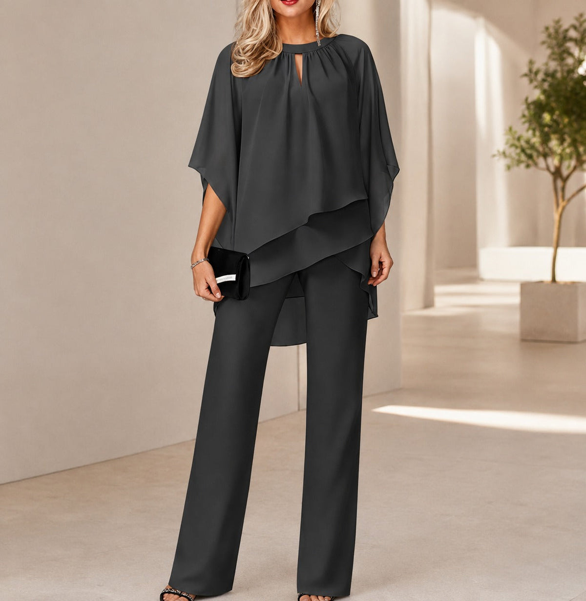 Celienne™ Set mit Chiffonbluse, Mullet-Saum und eleganter Hose mit geradem Schnitt / Ein kompletter Look für besondere Anlässe