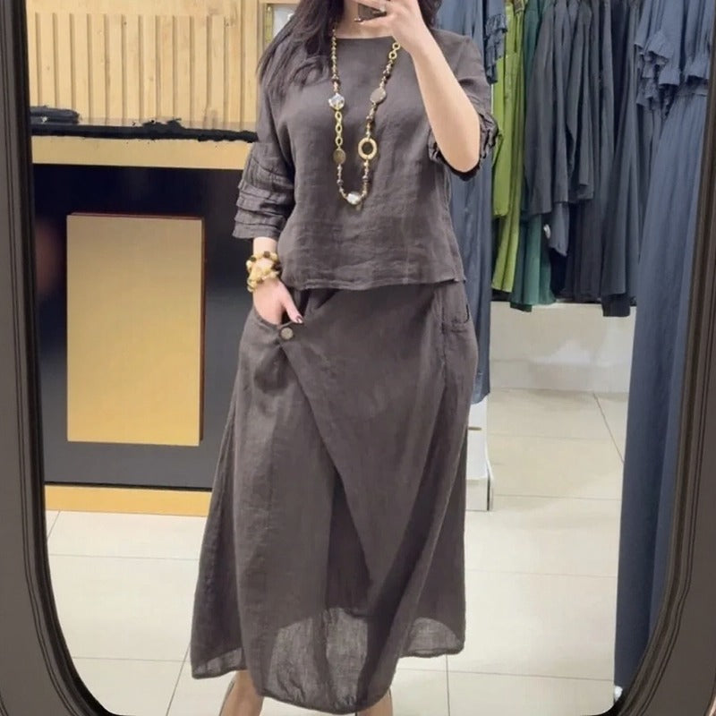 Bellarive™ Set Aus Baumwoll-Leinen Mit Weiter Bluse und Wickelrock