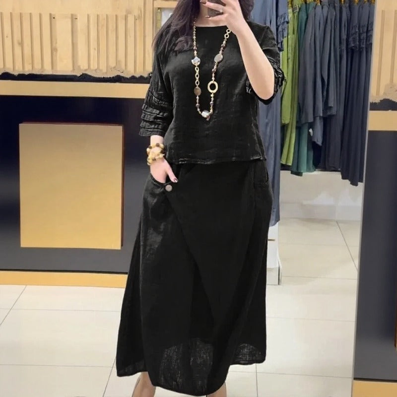 Bellarive™ Set Aus Baumwoll-Leinen Mit Weiter Bluse und Wickelrock