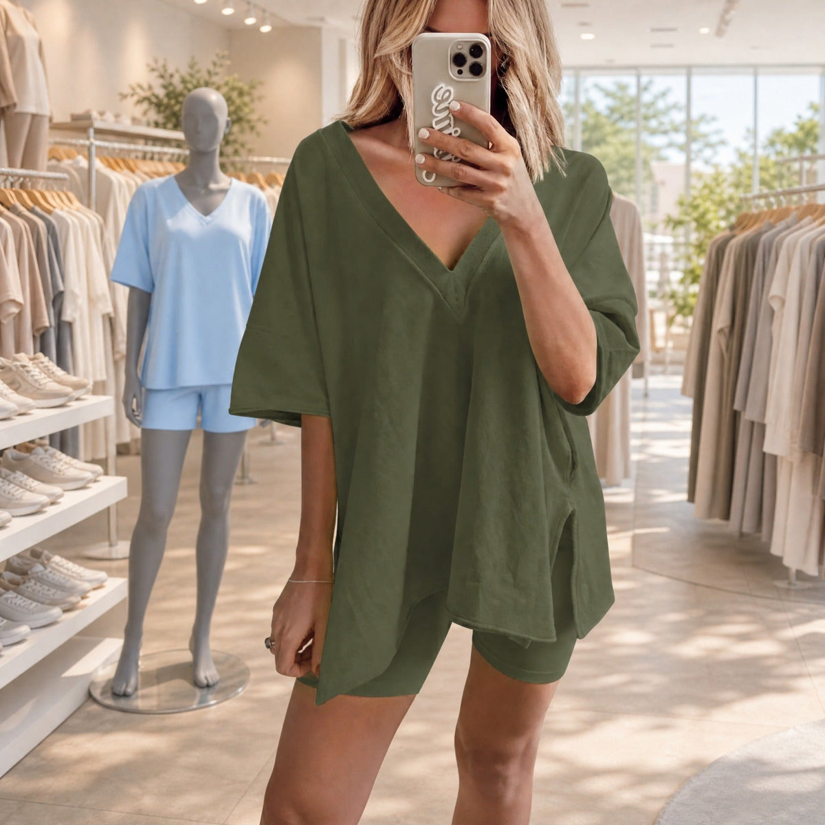 Yelena™ Set Oversize-Bluse mit V-Ausschnitt und minimalistische Shorts