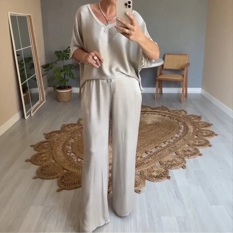 Marevielle™ Set Aus Satinartigem Stoff Mit Lockerer Bluse und Fließender Pantalonhose