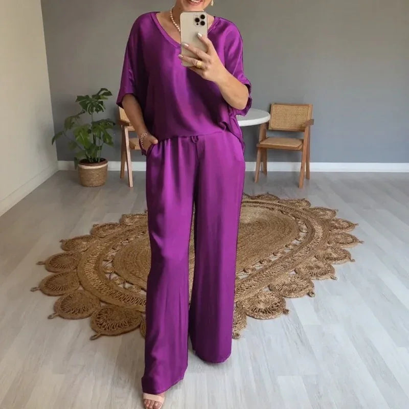 Marevielle™ Set Aus Satinartigem Stoff Mit Lockerer Bluse und Fließender Pantalonhose