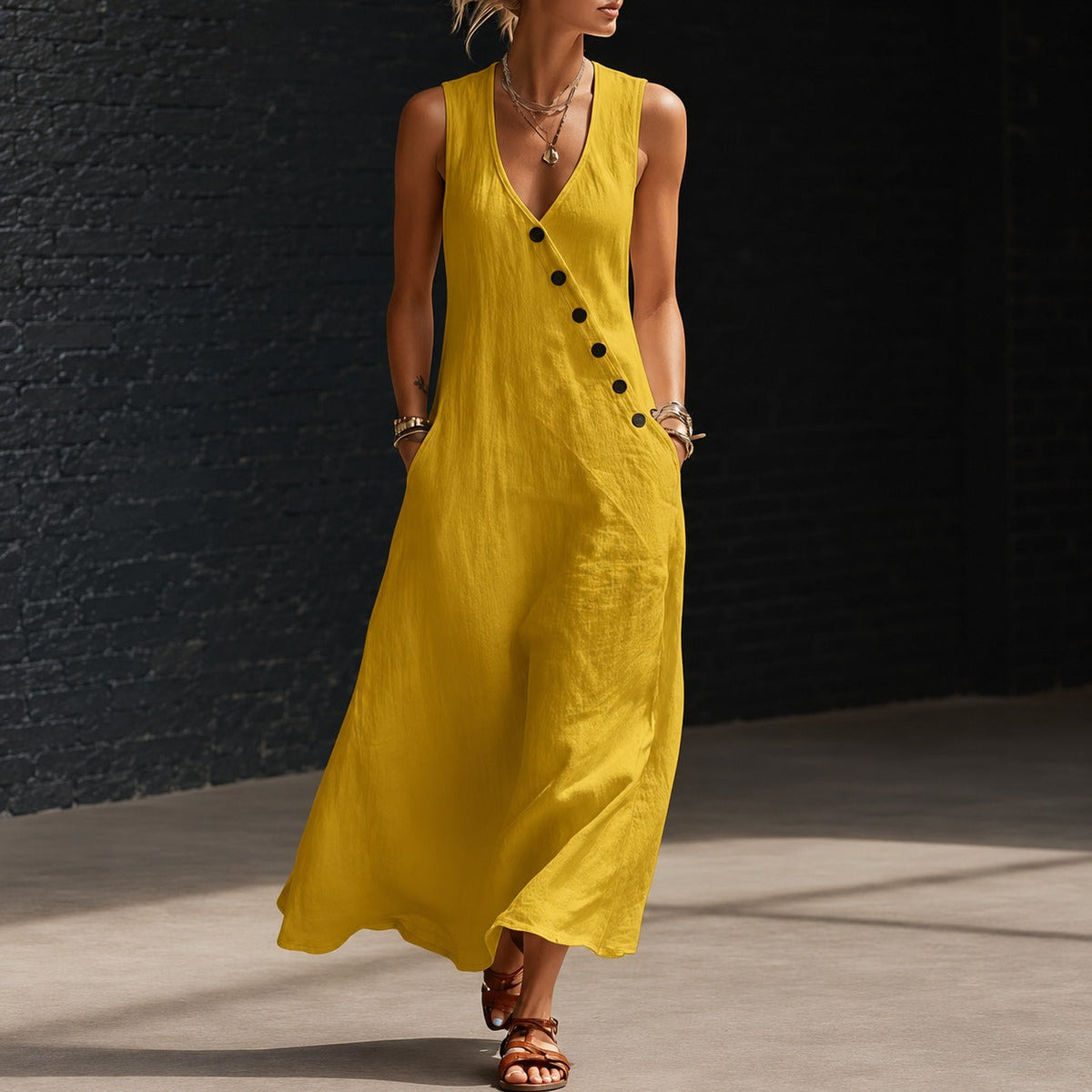 Antonella™ Midikleid mit Eleganten Knöpfen und V-Ausschnitt