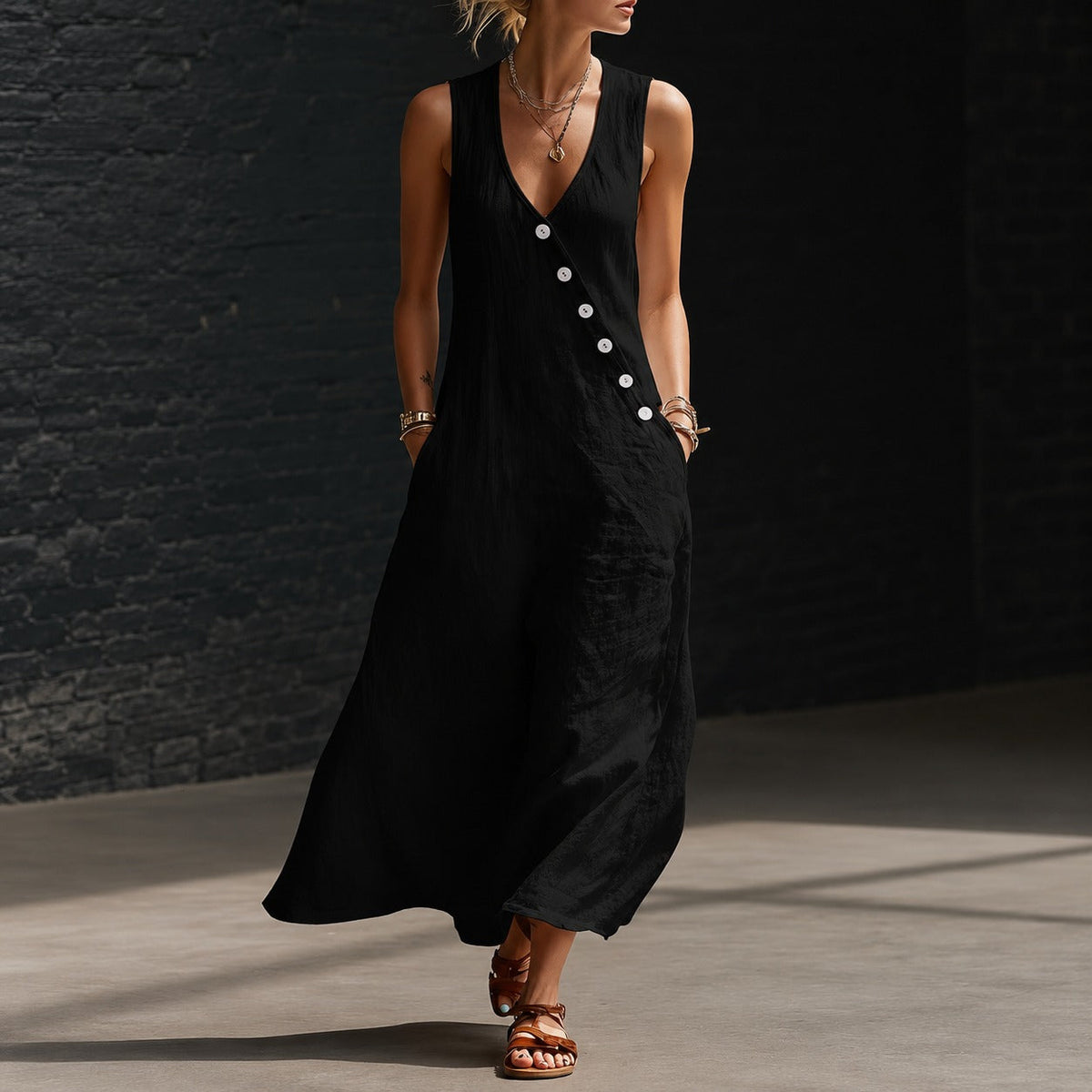 Antonella™ Midikleid mit Eleganten Knöpfen und V-Ausschnitt