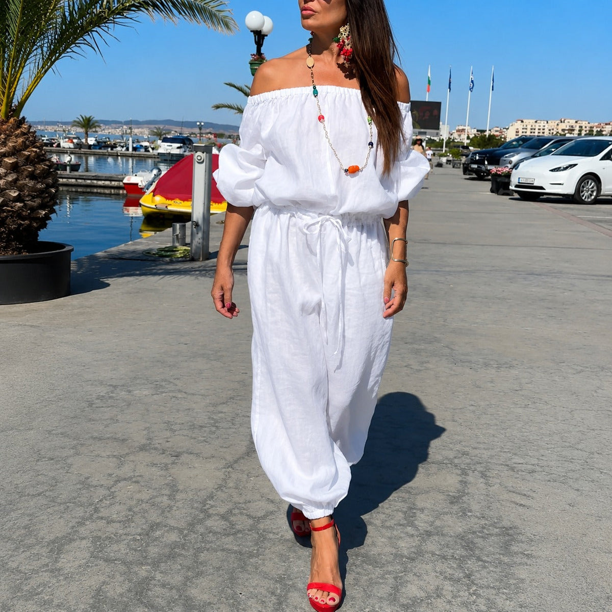 Bellamare™ Jumpsuit Mit Schulterfreiem Ausschnitt Und Verstellbarer Taille
