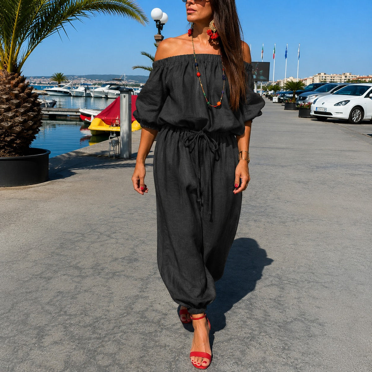 Bellamare™ Jumpsuit Mit Schulterfreiem Ausschnitt Und Verstellbarer Taille