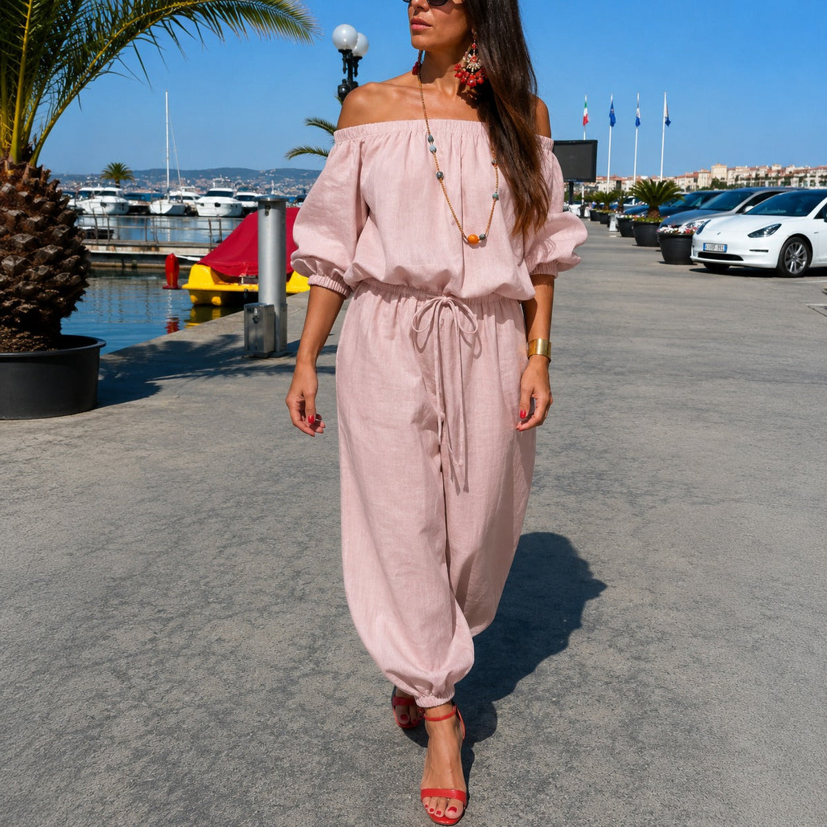 Bellamare™ Jumpsuit Mit Schulterfreiem Ausschnitt Und Verstellbarer Taille