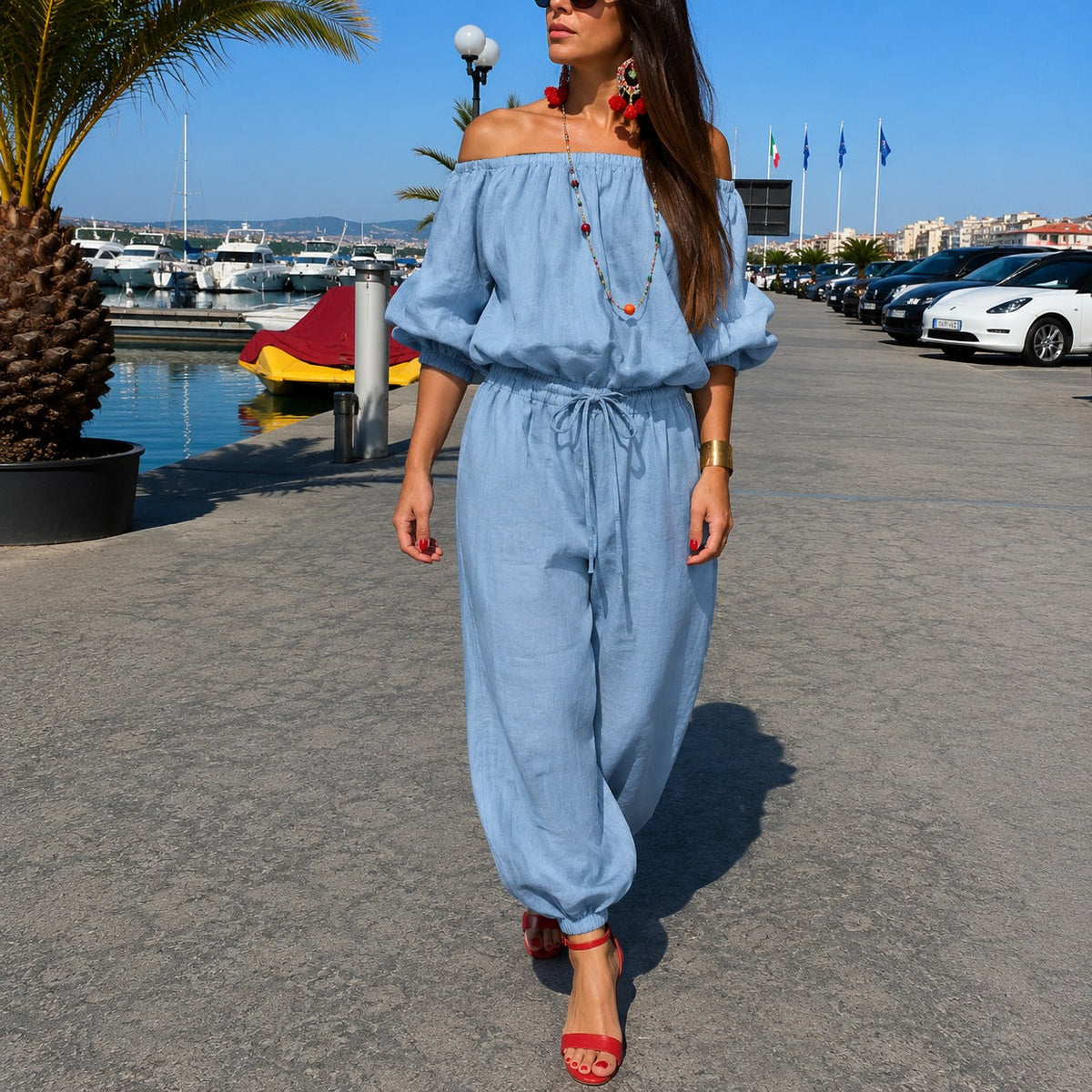 Bellamare™ Jumpsuit Mit Schulterfreiem Ausschnitt Und Verstellbarer Taille