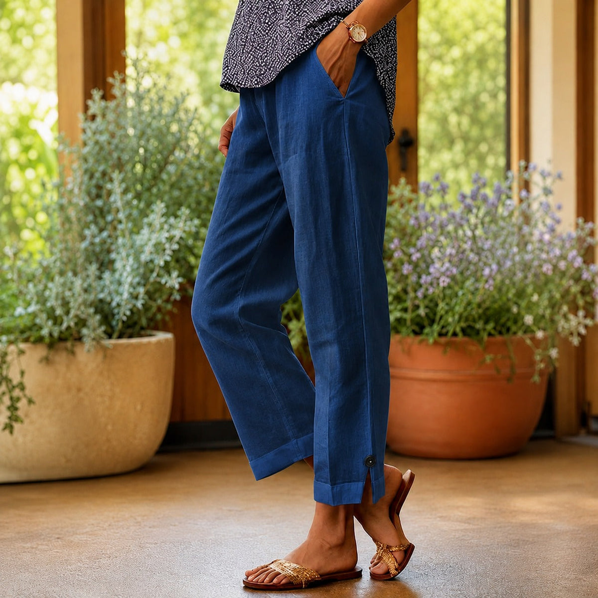 Sylvie™ Hose aus Baumwoll-Leinen mit Seitlichem Schlitz am Saum