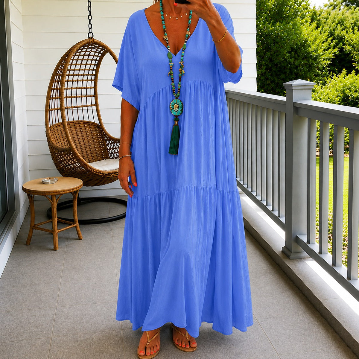 Liorenna™ Kleid aus Baumwoll-Leinen mit Lockerer Passform und V-Ausschnitt