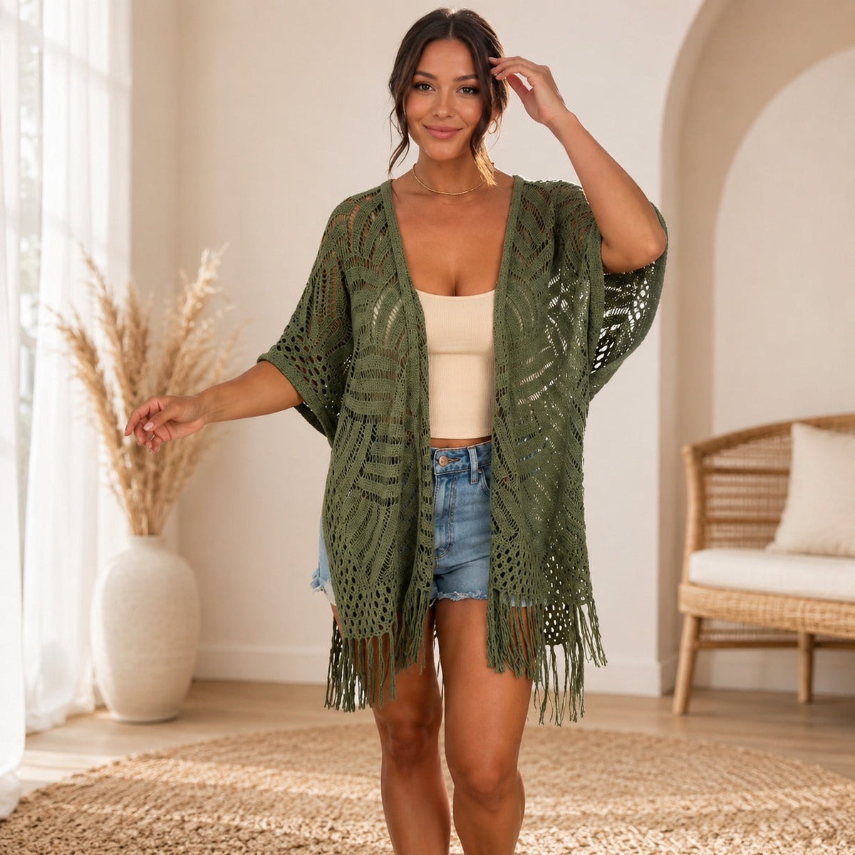 Calivie™ Cardigan Aus Lochstrick Mit Fransen Und Handwerklicher Struktur