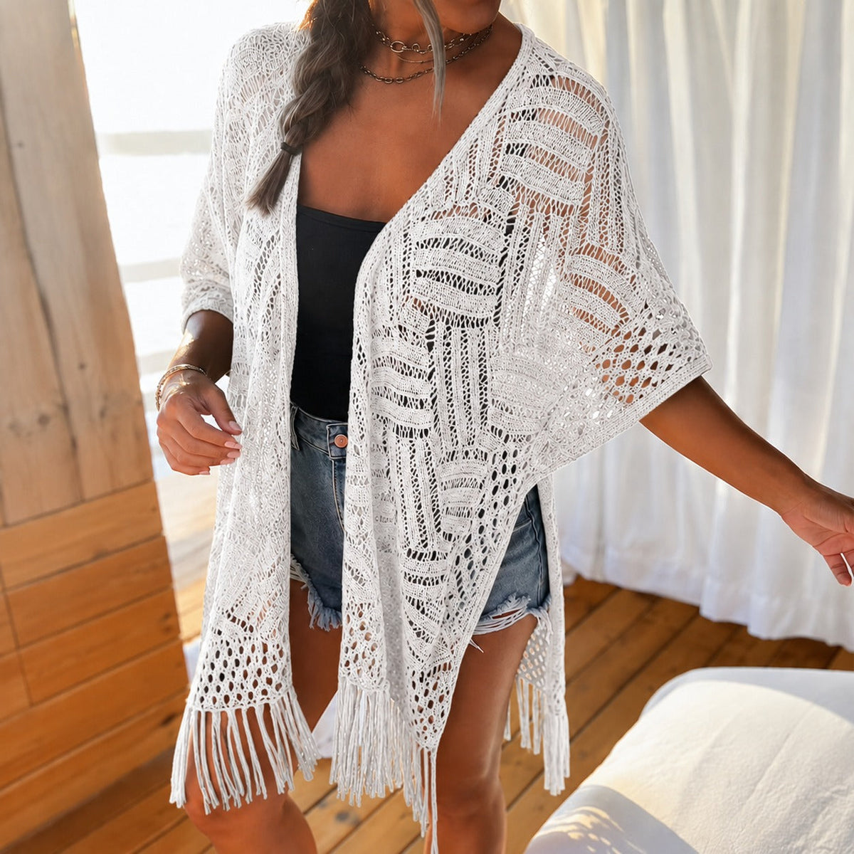 Calivie™ Cardigan Aus Lochstrick Mit Fransen Und Handwerklicher Struktur