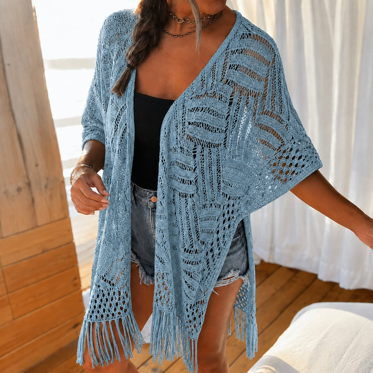 Calivie™ Cardigan Aus Lochstrick Mit Fransen Und Handwerklicher Struktur