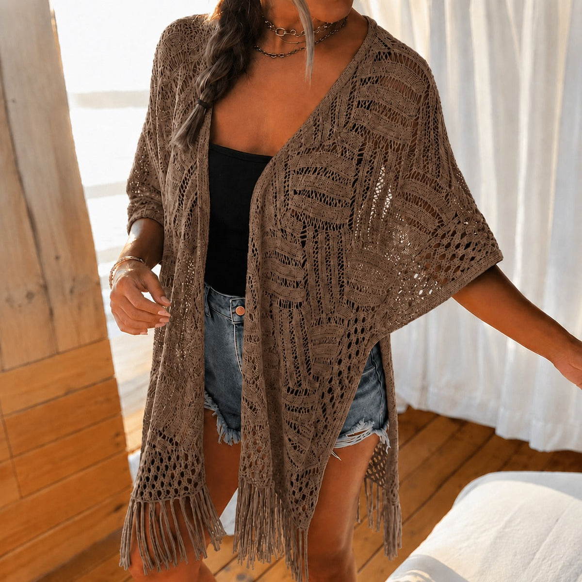Calivie™ Cardigan Aus Lochstrick Mit Fransen Und Handwerklicher Struktur