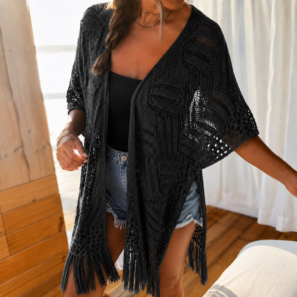 Calivie™ Cardigan Aus Lochstrick Mit Fransen Und Handwerklicher Struktur