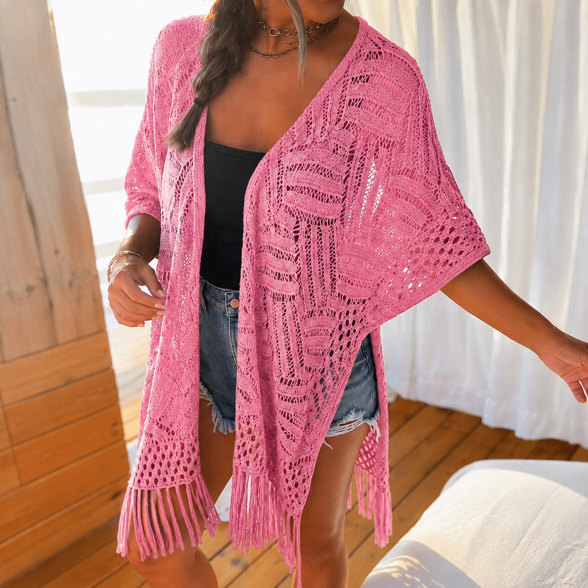 Calivie™ Cardigan Aus Lochstrick Mit Fransen Und Handwerklicher Struktur