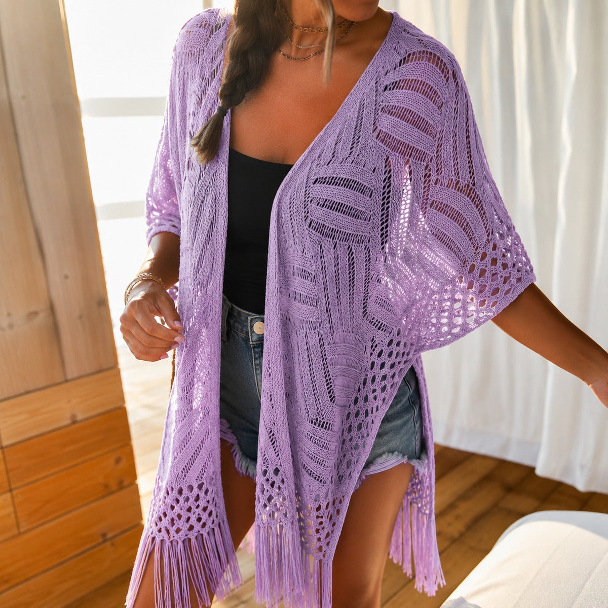 Calivie™ Cardigan Aus Lochstrick Mit Fransen Und Handwerklicher Struktur