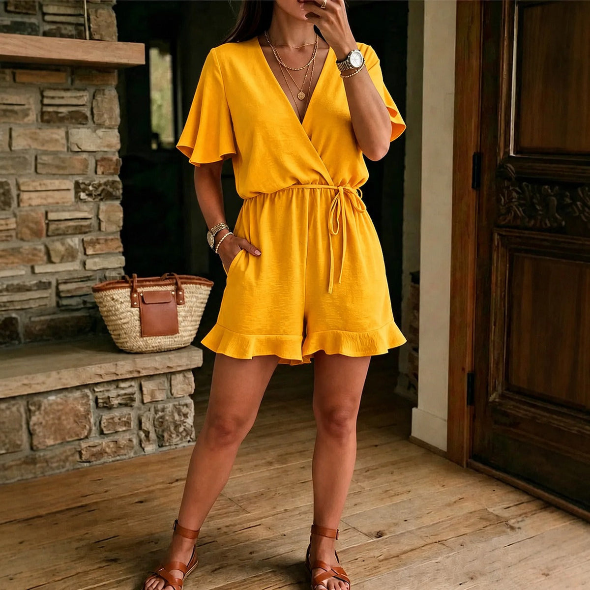 Jumpsuit Elina™ mit Wickel-V-Ausschnitt, Bindegürtel und Volantsaum