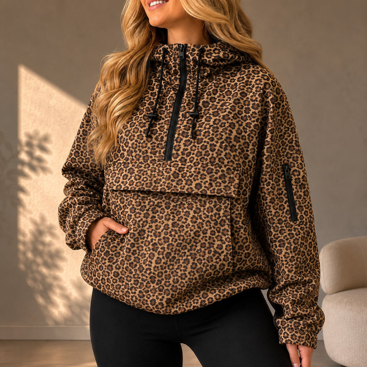 Jacke Leonie™ mit Leopardenmuster, Kapuze und Kängurutasche.
