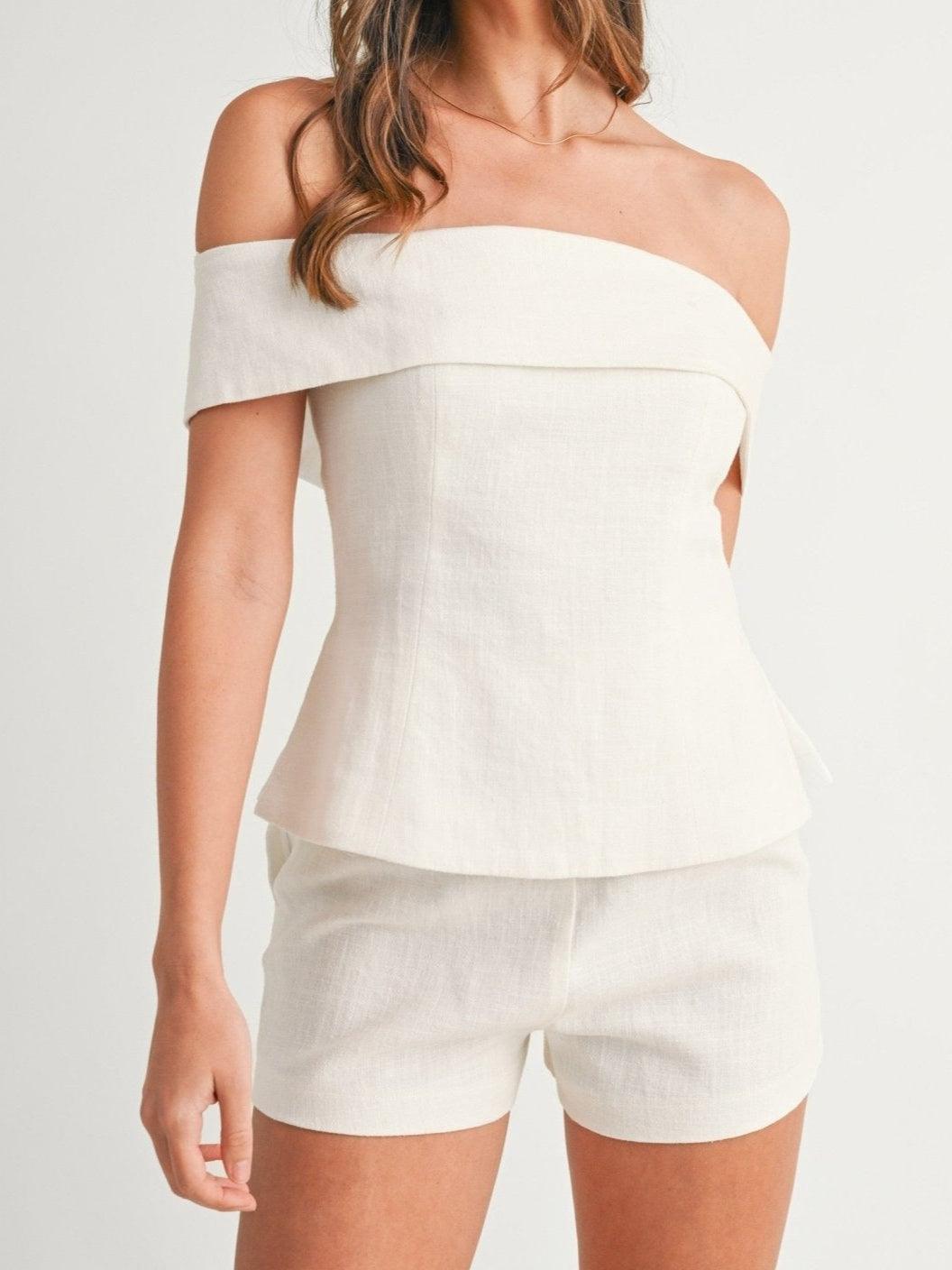 Zweiteiliges Baumwoll-Leinen-Hosenanzug-Set in Weiß