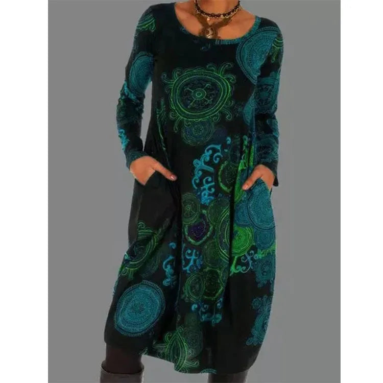Winterkleid Damen | Kleid mit Taschen | Mandala-Muster & bequemer Fall