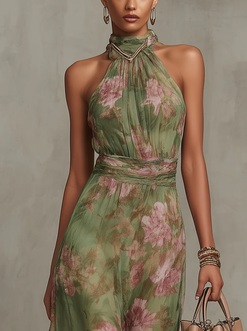 Serena | Damen Langes Chiffonkleid Blumenmuster Neckholder – Florales Chiffon Maxi