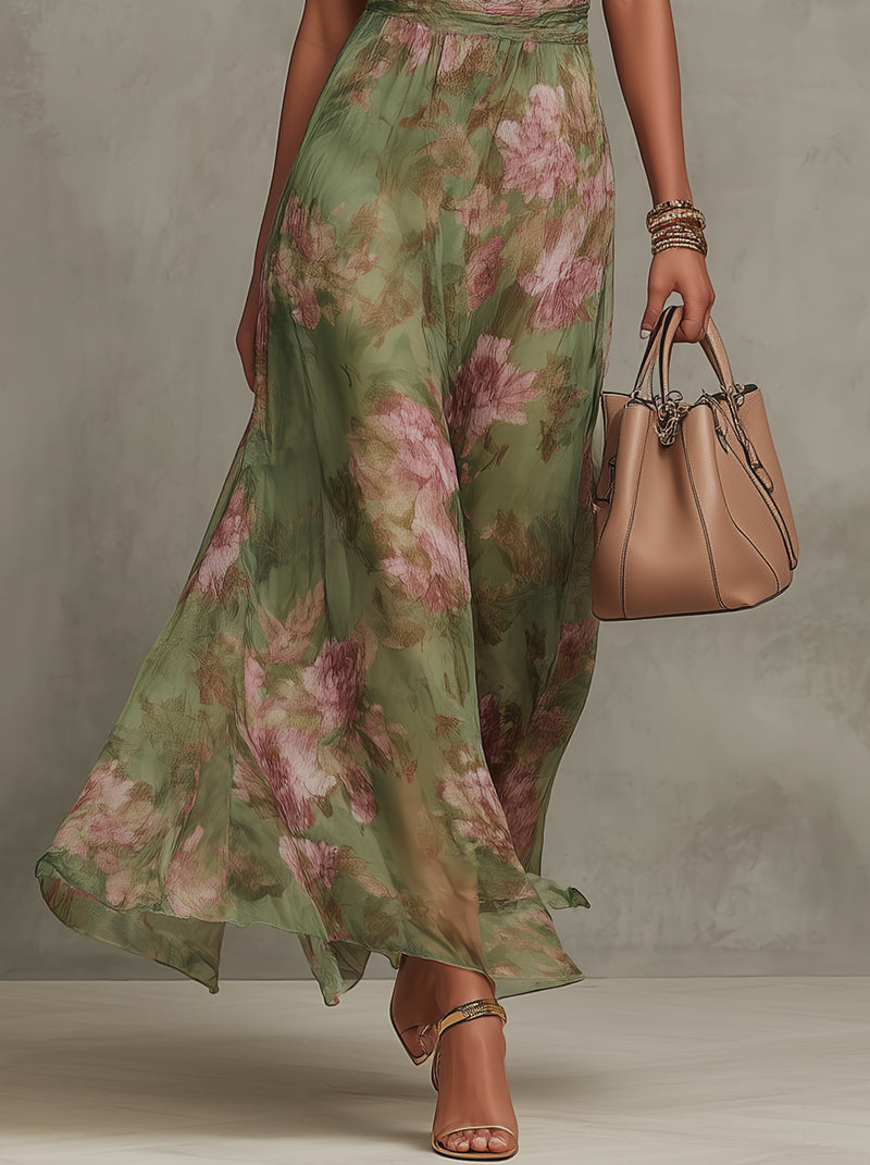 Serena | Damen Langes Chiffonkleid Blumenmuster Neckholder – Florales Chiffon Maxi